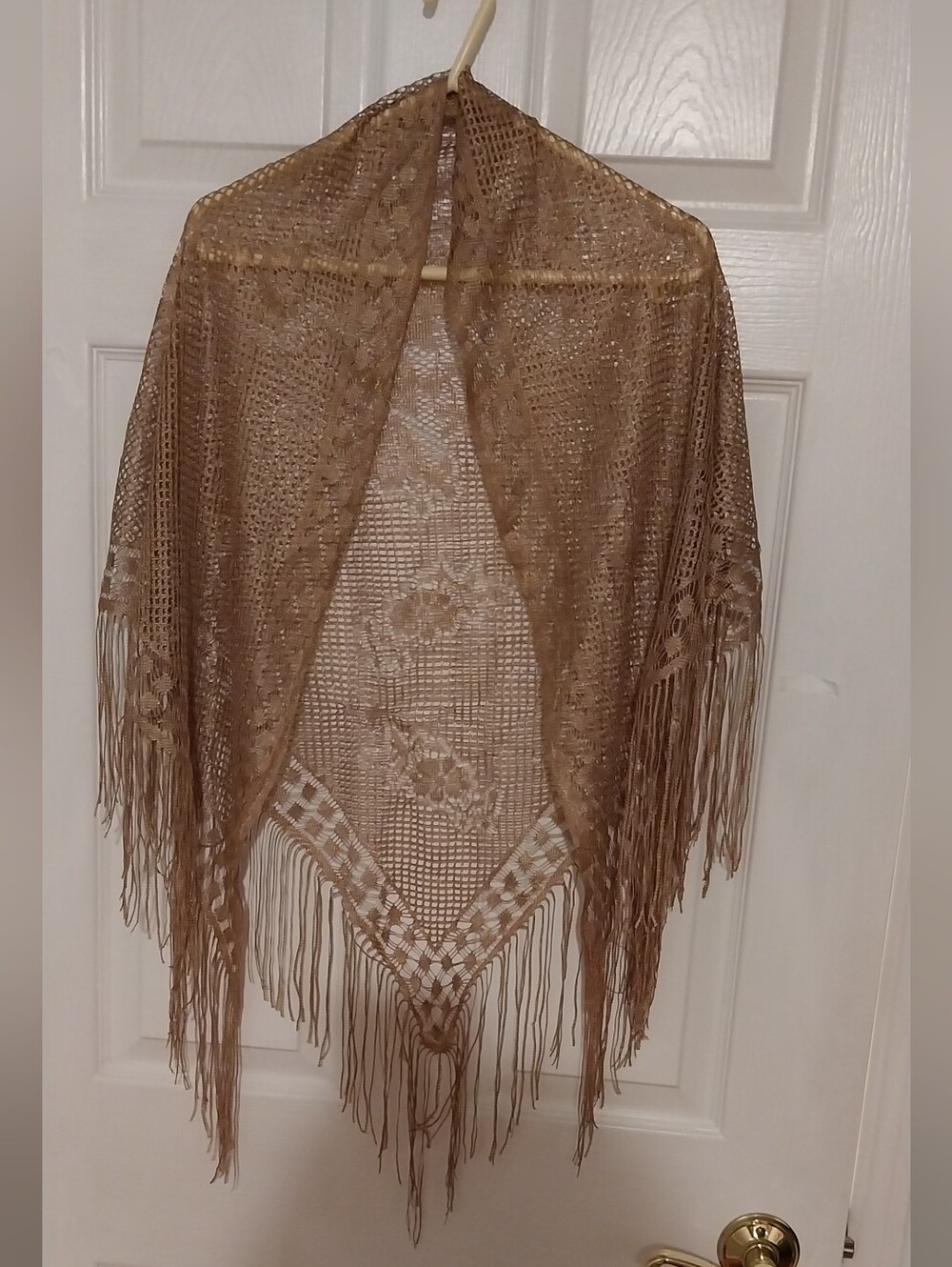 Boho Crochet Fringe Shawl in Taupe